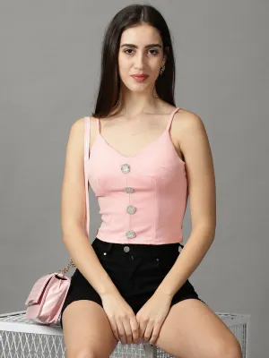 Women's Pink Shoulder Straps Fitted Crop Top Comfortable fit Essential Clothing