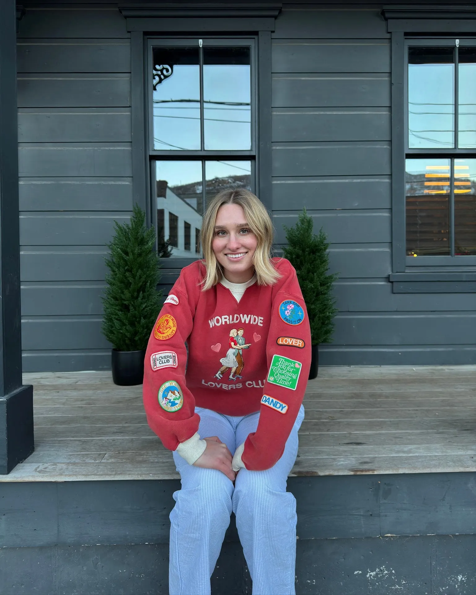 High-Quality Fabric Timeless Layer "Lovers Club" Crew Neck in Vintage Washed Red