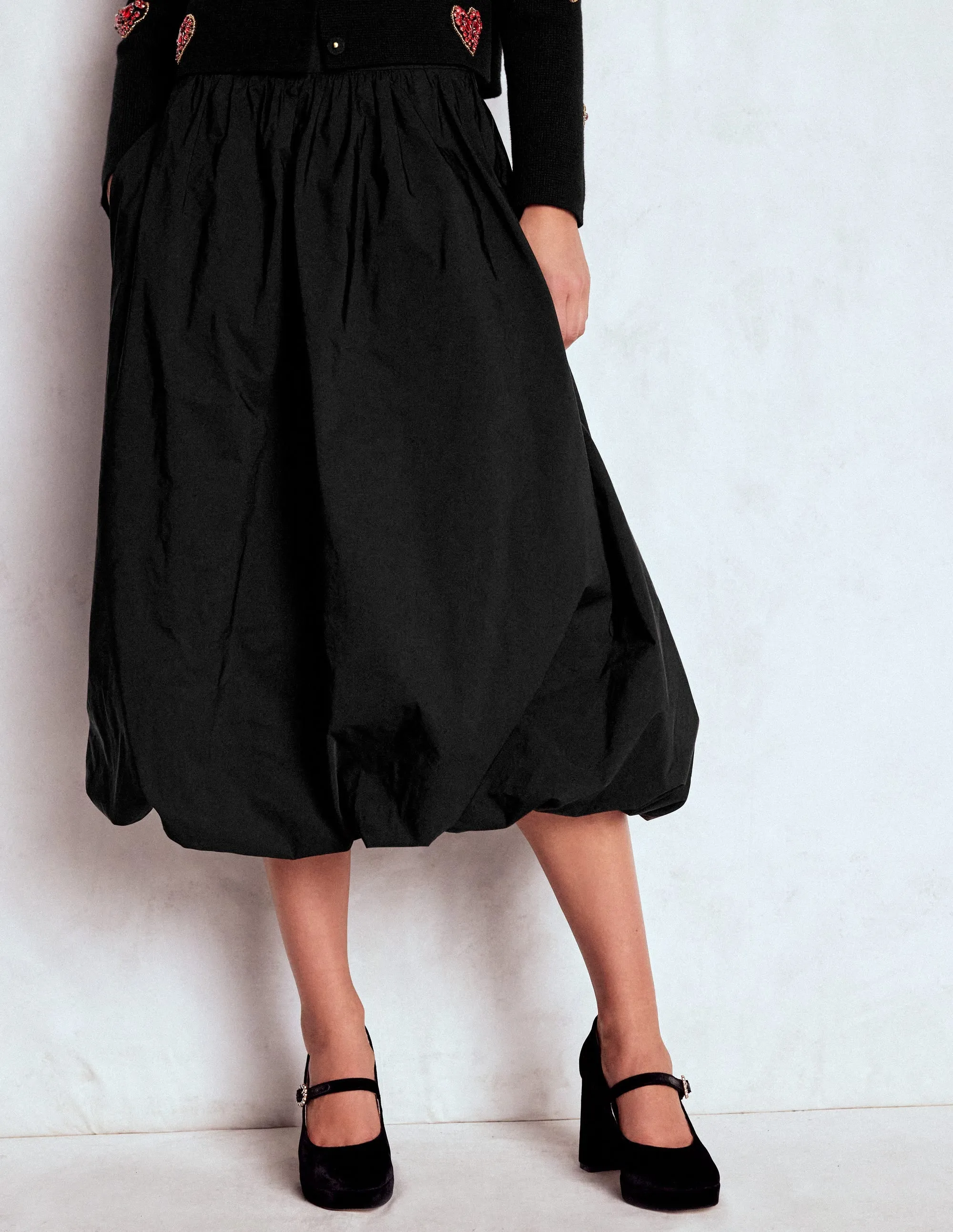 Bubble Hem Midi Skirt-Black Twist Front