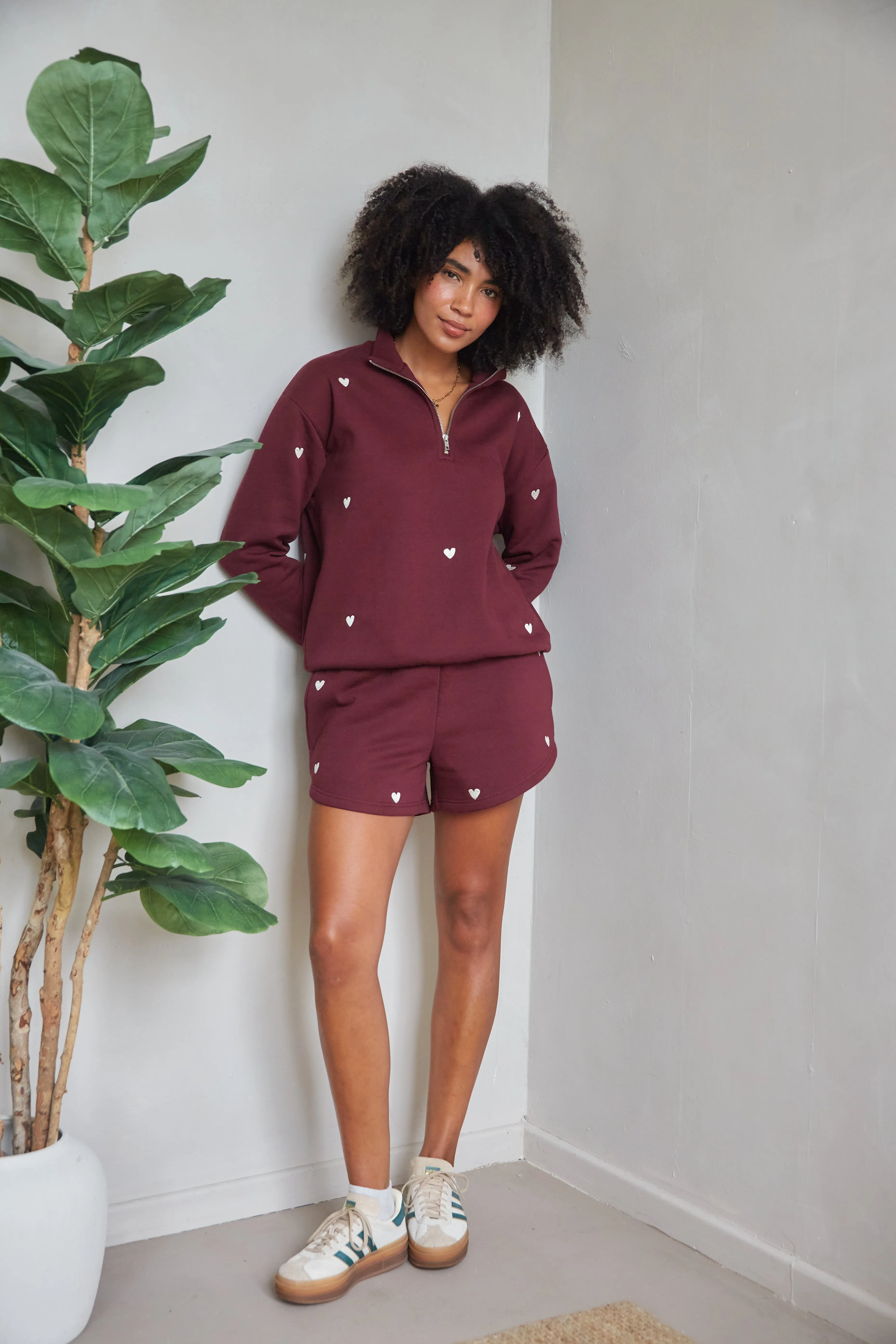 O&F Burgundy Heart Embroidered Shorts Stretch Fit Belt loops