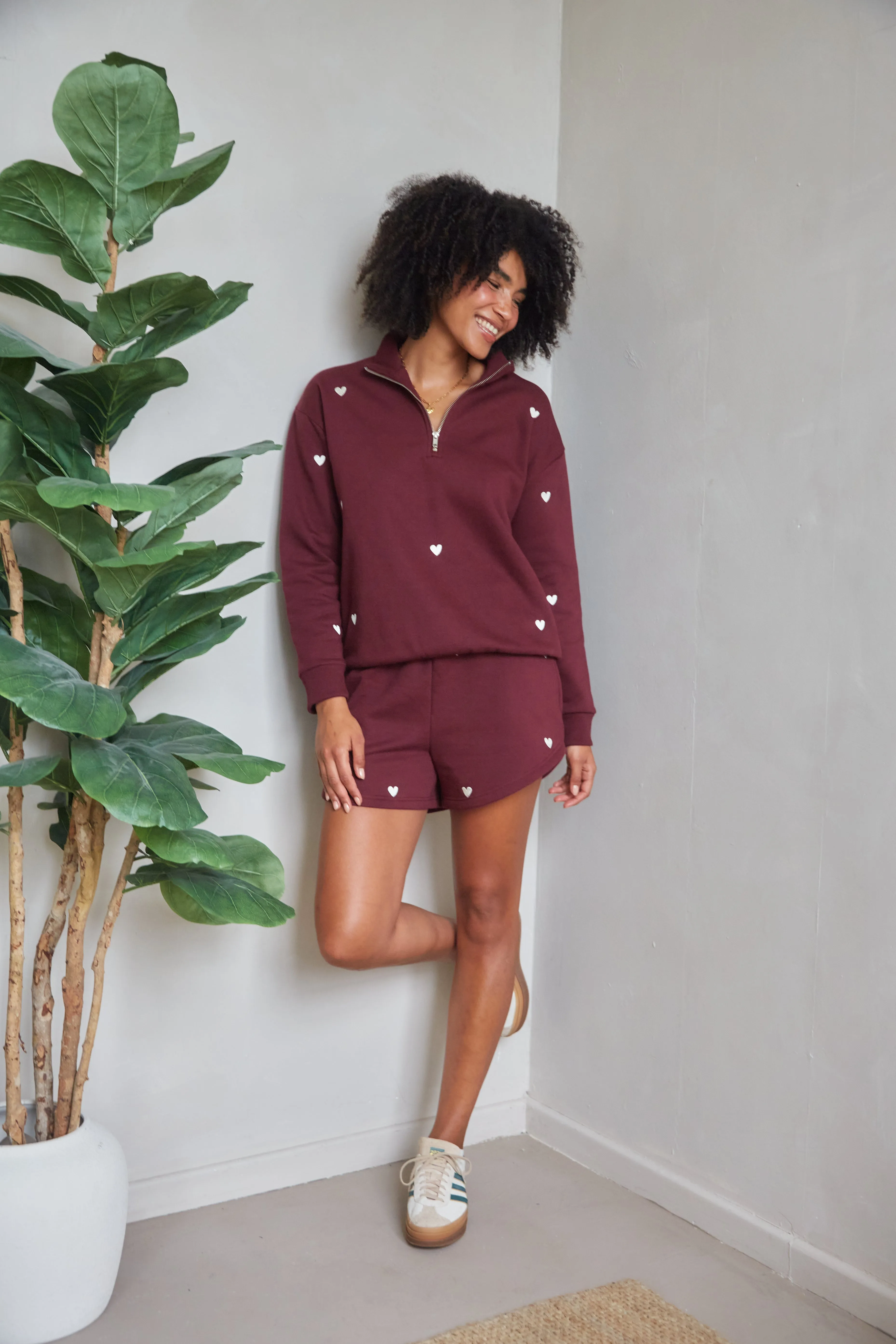 O&F Burgundy Heart Embroidered Shorts All Season Wear