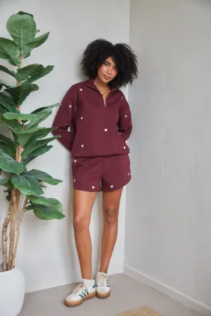 O&F Burgundy Heart Embroidered Shorts Stretch Fit Belt loops