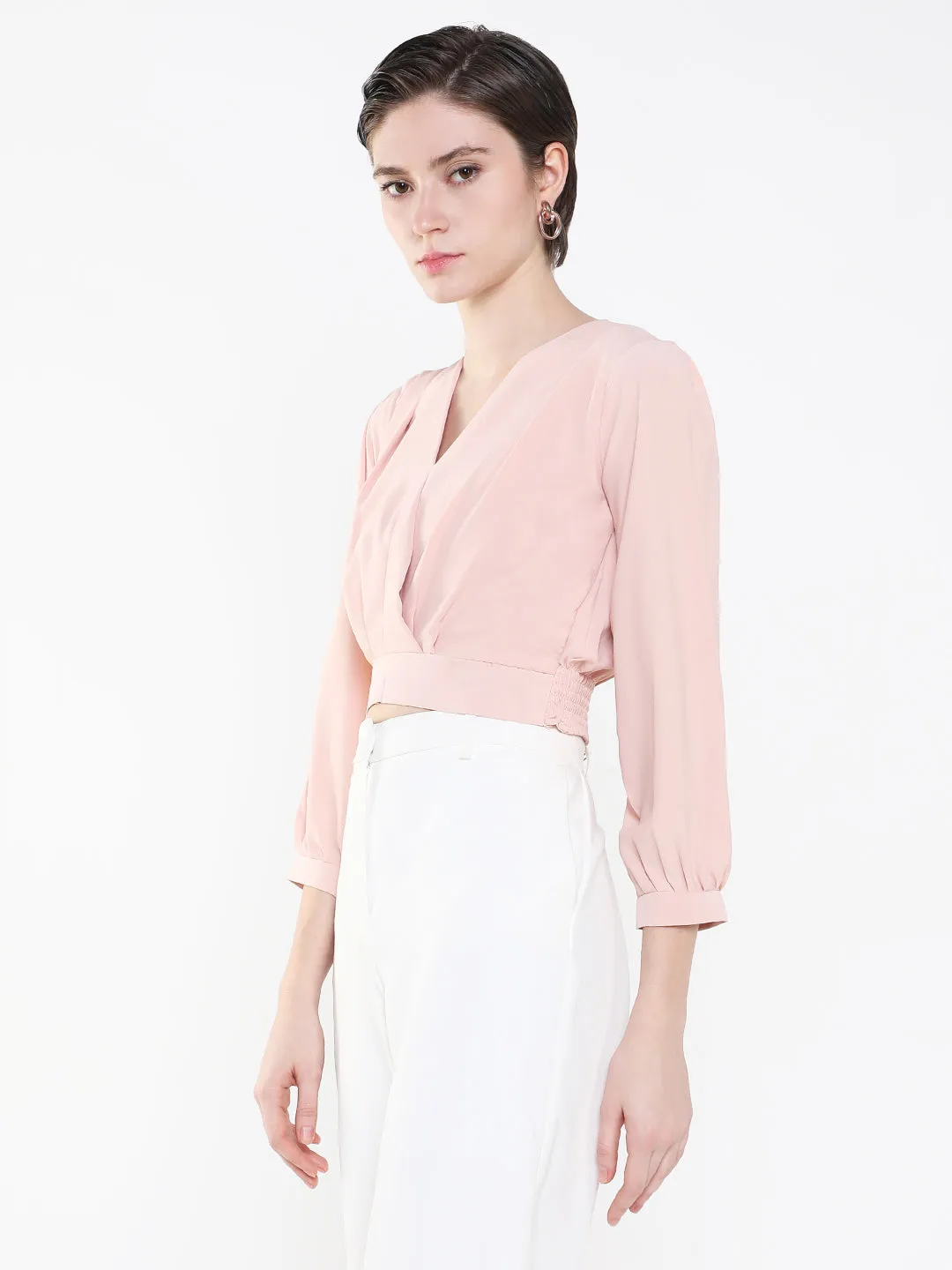 Sleek Waistband Women's Peach Puff Sleeve Crepe Cinched Waist Crop Top