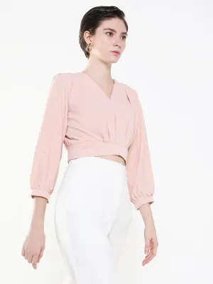 Sleeveless freedom Women's Peach Puff Sleeve Crepe Cinched Waist Crop Top