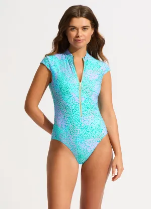 Pastel-Shade Sea Skin Zip Front One Piece - Vivid Green