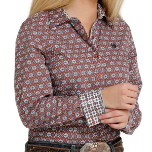 Cinch Women's L/S Rust Geometric Button Down Shirt Active Layer Fit