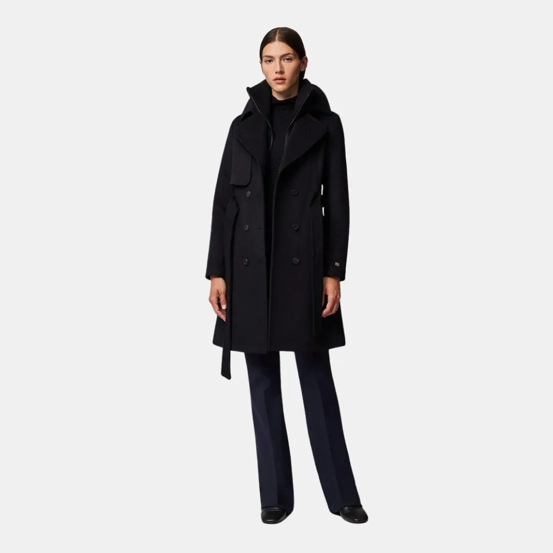 Fabianne Semi-Fitted Classic Wool Coat With Removable Bib (Black) Taped Edges