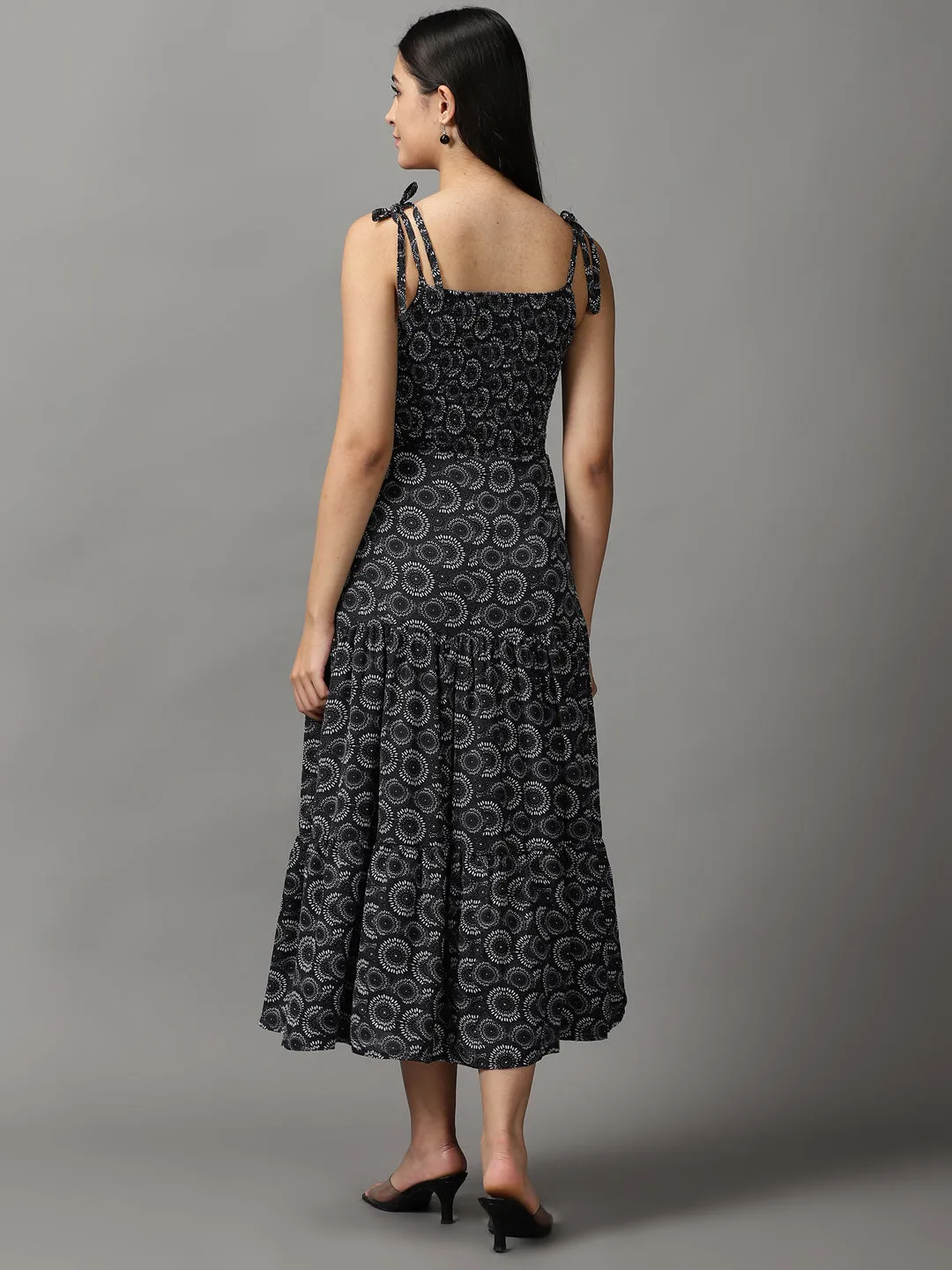 Women's Black Geometrical Fit & Flare Dress Casual Feel Trendy Piece