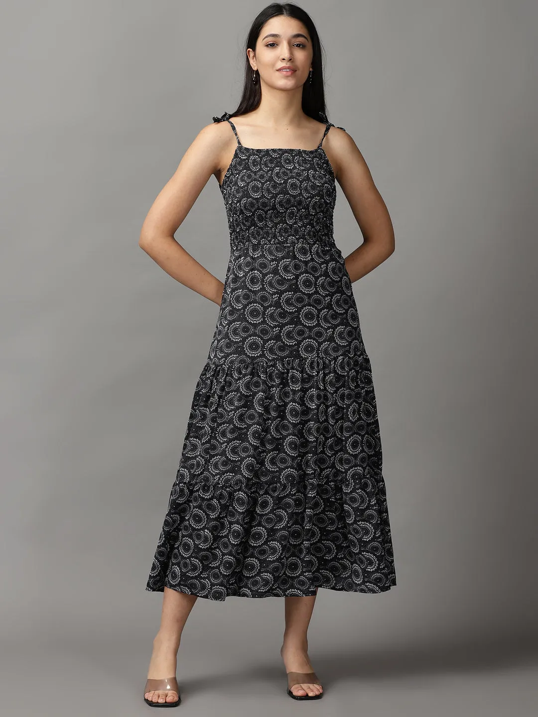 Women's Black Geometrical Fit & Flare Dress Front Ruffle Airy Weave