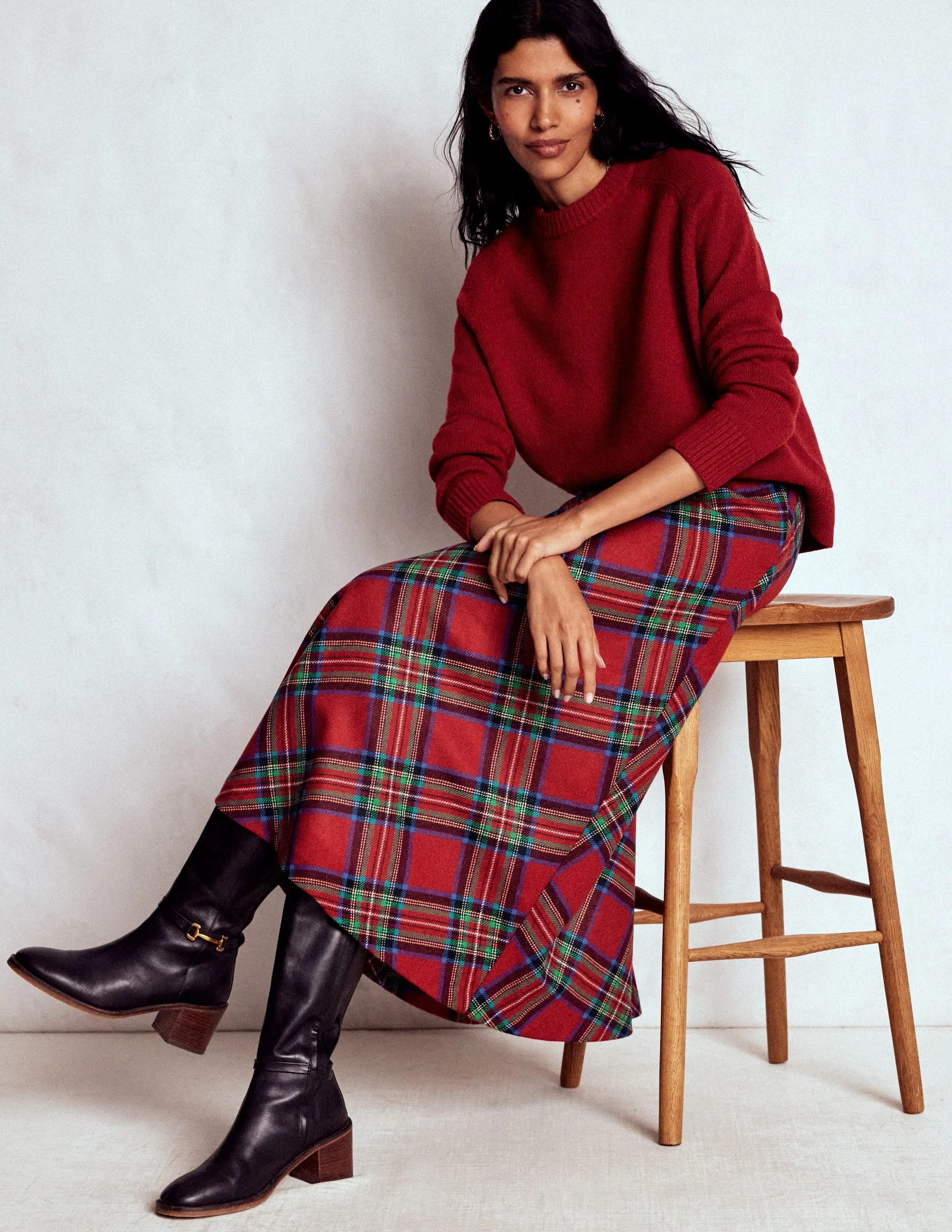 Hayley Wool Midi Skirt-Red, Blue and Green Check Subtle Finish