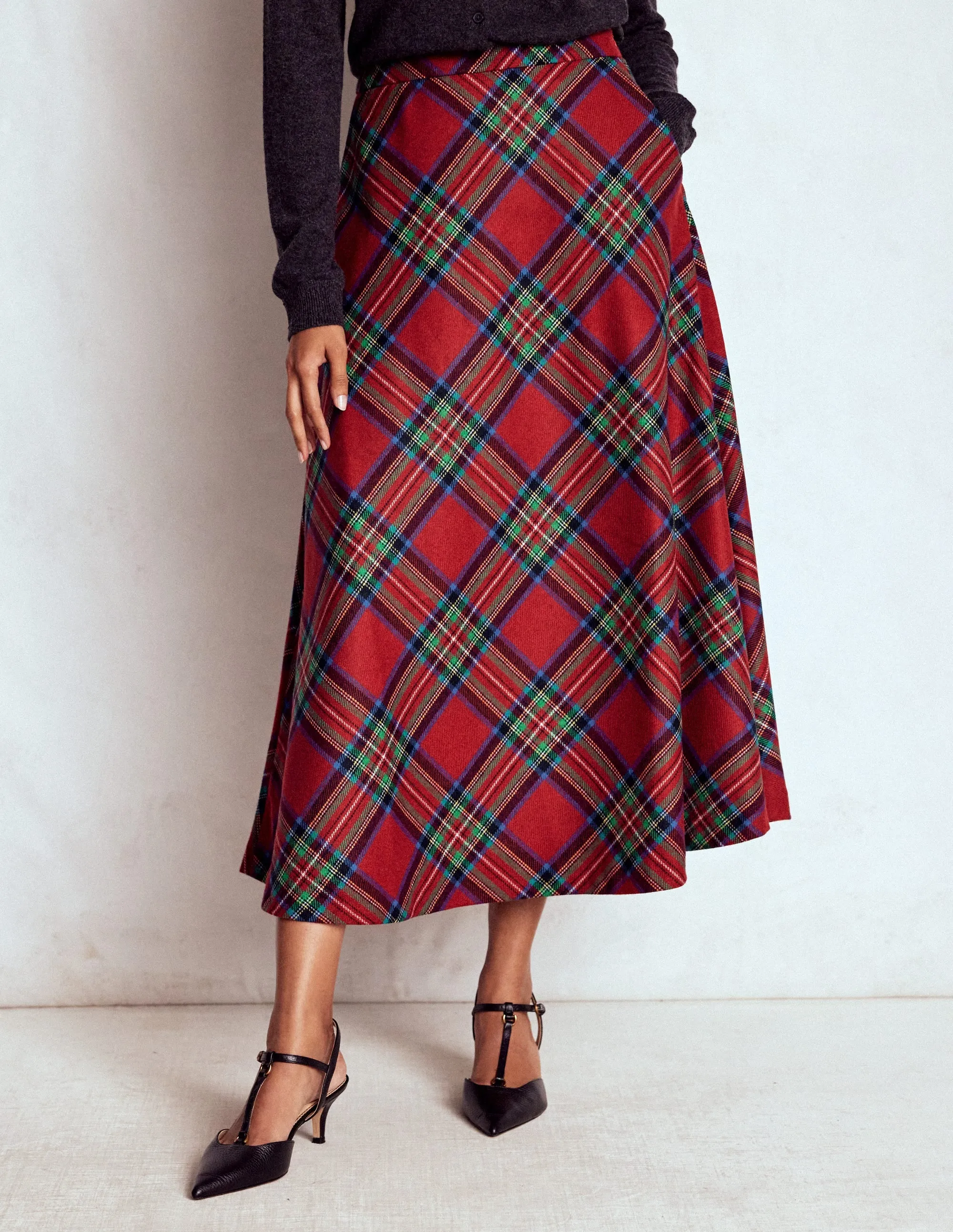 Hayley Wool Midi Skirt-Red, Blue and Green Check Elegant Look Abstract Motif