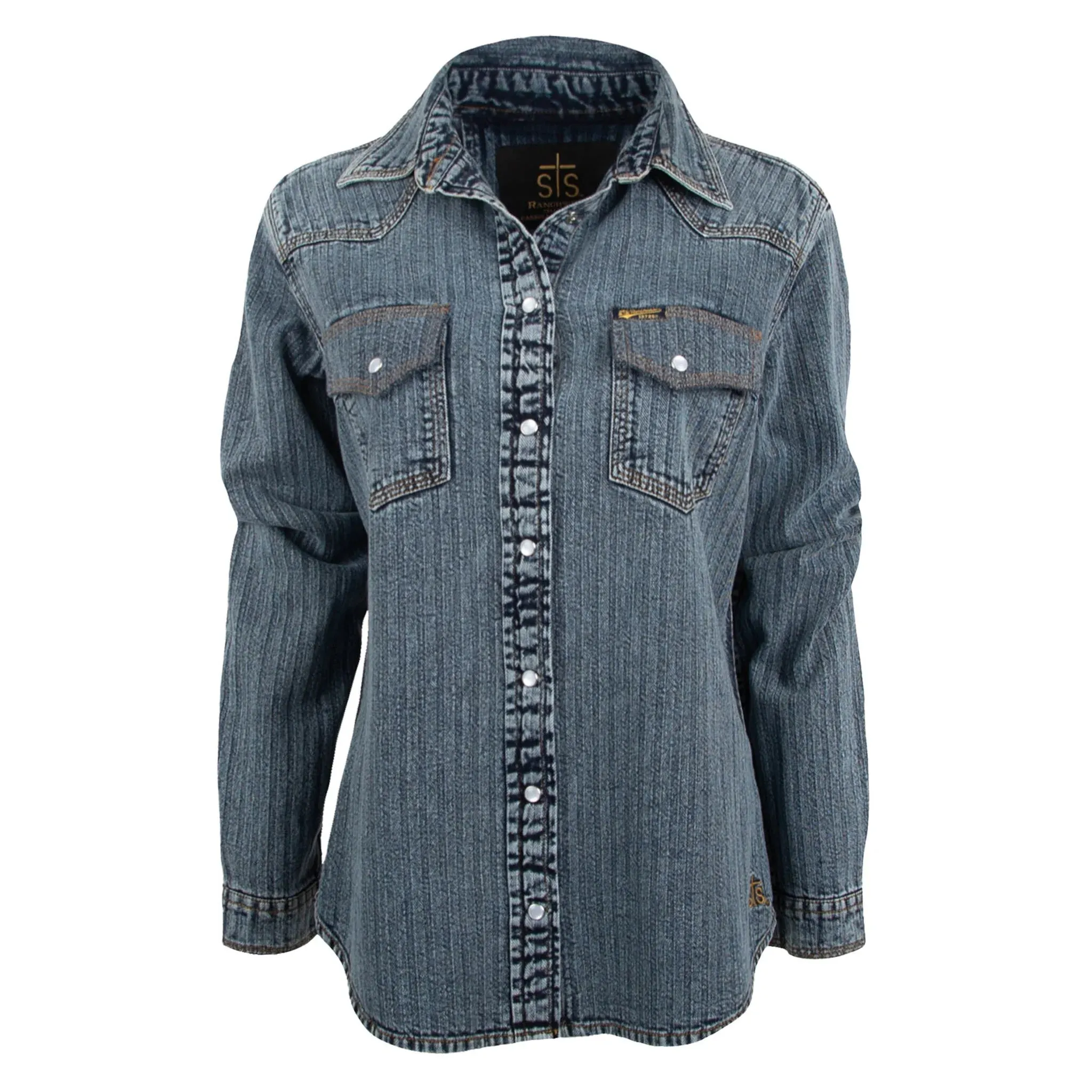 STS Ranchwear Women's Duke Western Denim Snap Shirt in Medium Wash Comfy Layer Wear