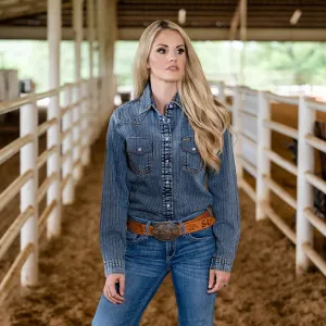 STS Ranchwear Women's Duke Western Denim Snap Shirt in Medium Wash Soft & Smooth Classic Comfort