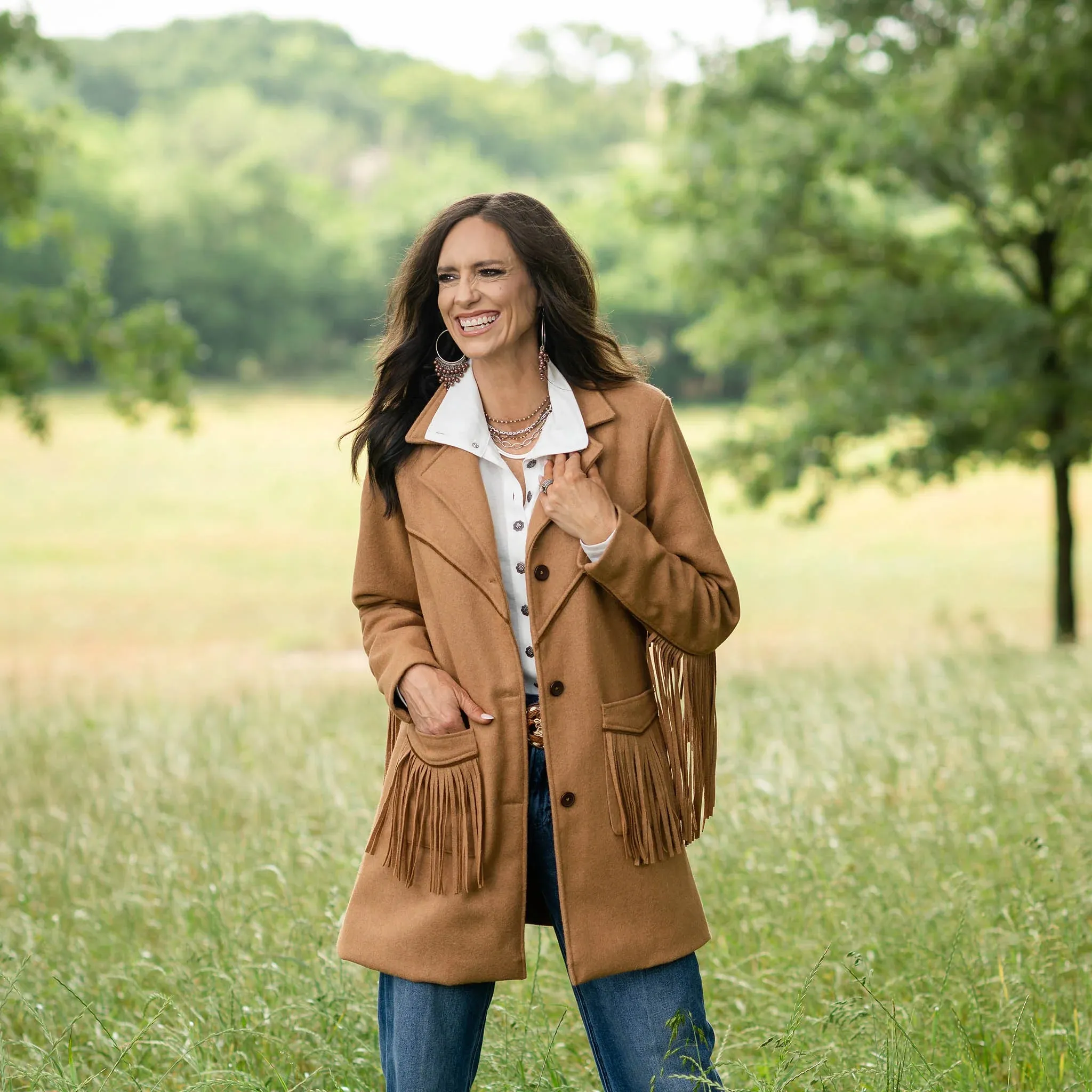 STS Ranchwear Women's Hattie Wool Fringe Coat in Chestnut Modular Attachment System Non Restrictive Cut