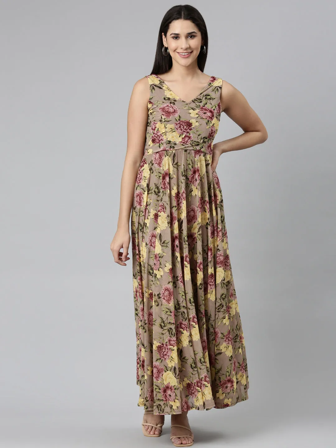 Women's Taupe Floral Printed Smocked Fit & Flare Maxi Dress Casual Look Relaxed Comfort Look