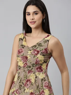 Flexible Mood Women's Taupe Floral Printed Smocked Fit & Flare Maxi Dress