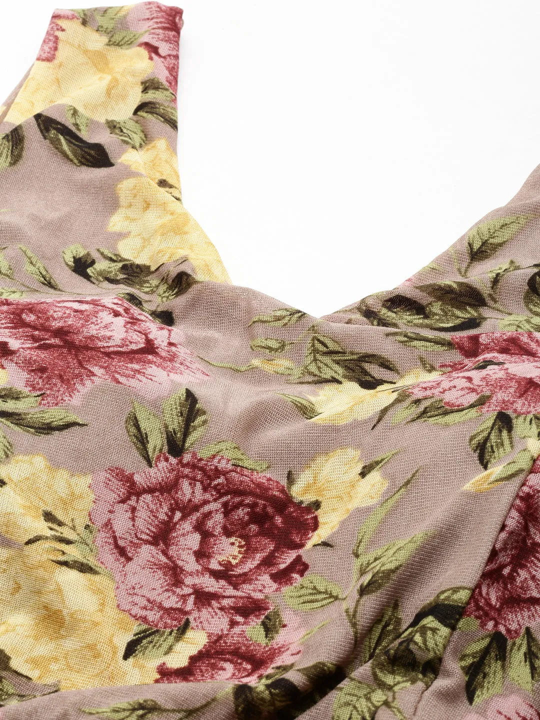 Women's Taupe Floral Printed Smocked Fit & Flare Maxi Dress Gemstone-Detail