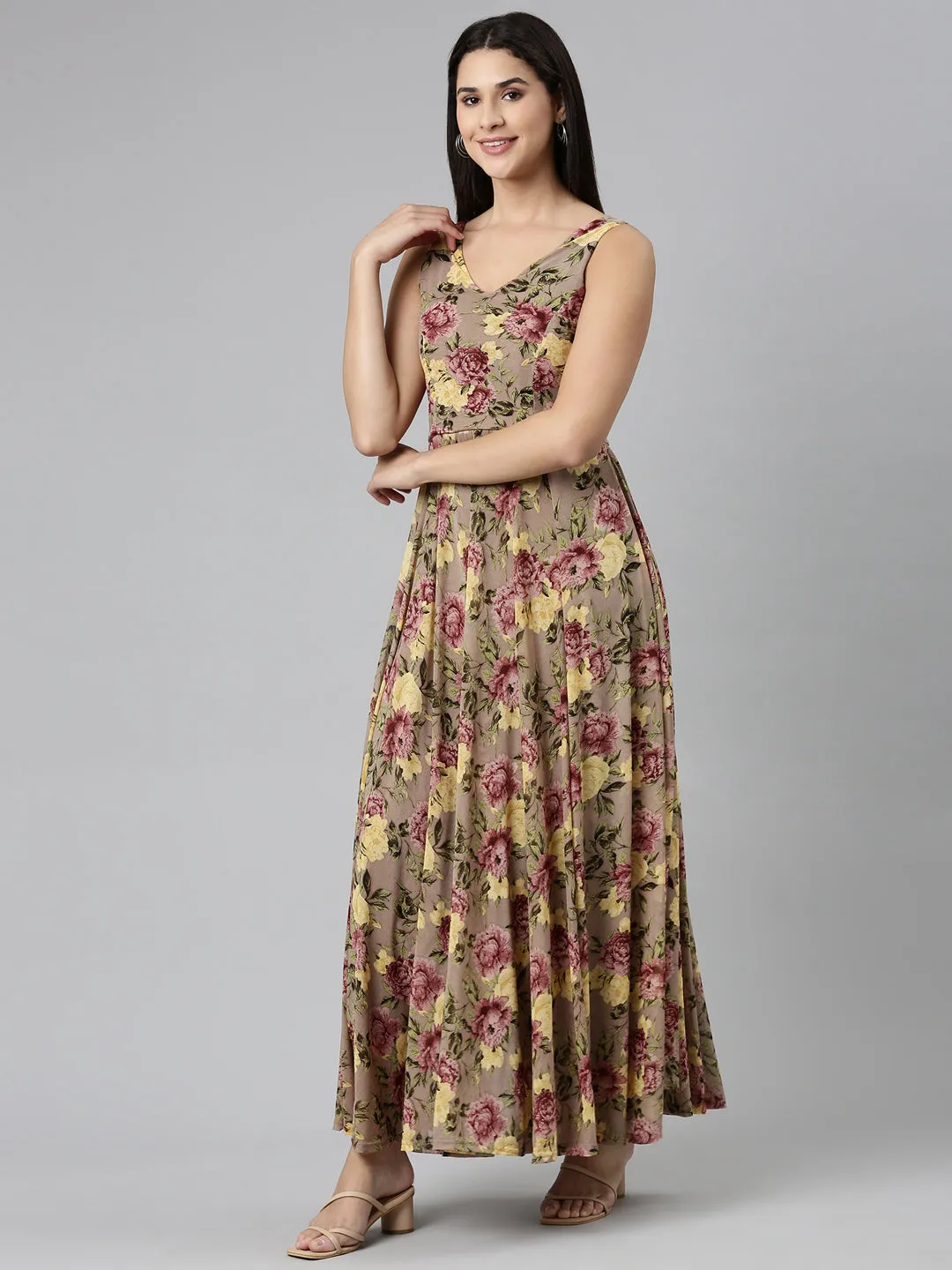 Women's Taupe Floral Printed Smocked Fit & Flare Maxi Dress Halter-Neck