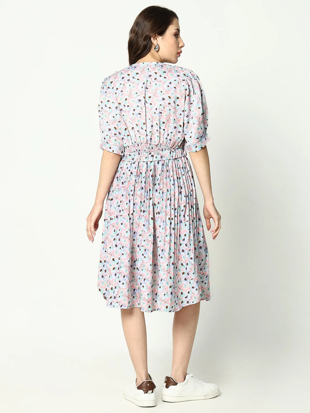 Daytime Look Women's Pink Floral Print Puff Sleeve Fit and Flare Dress