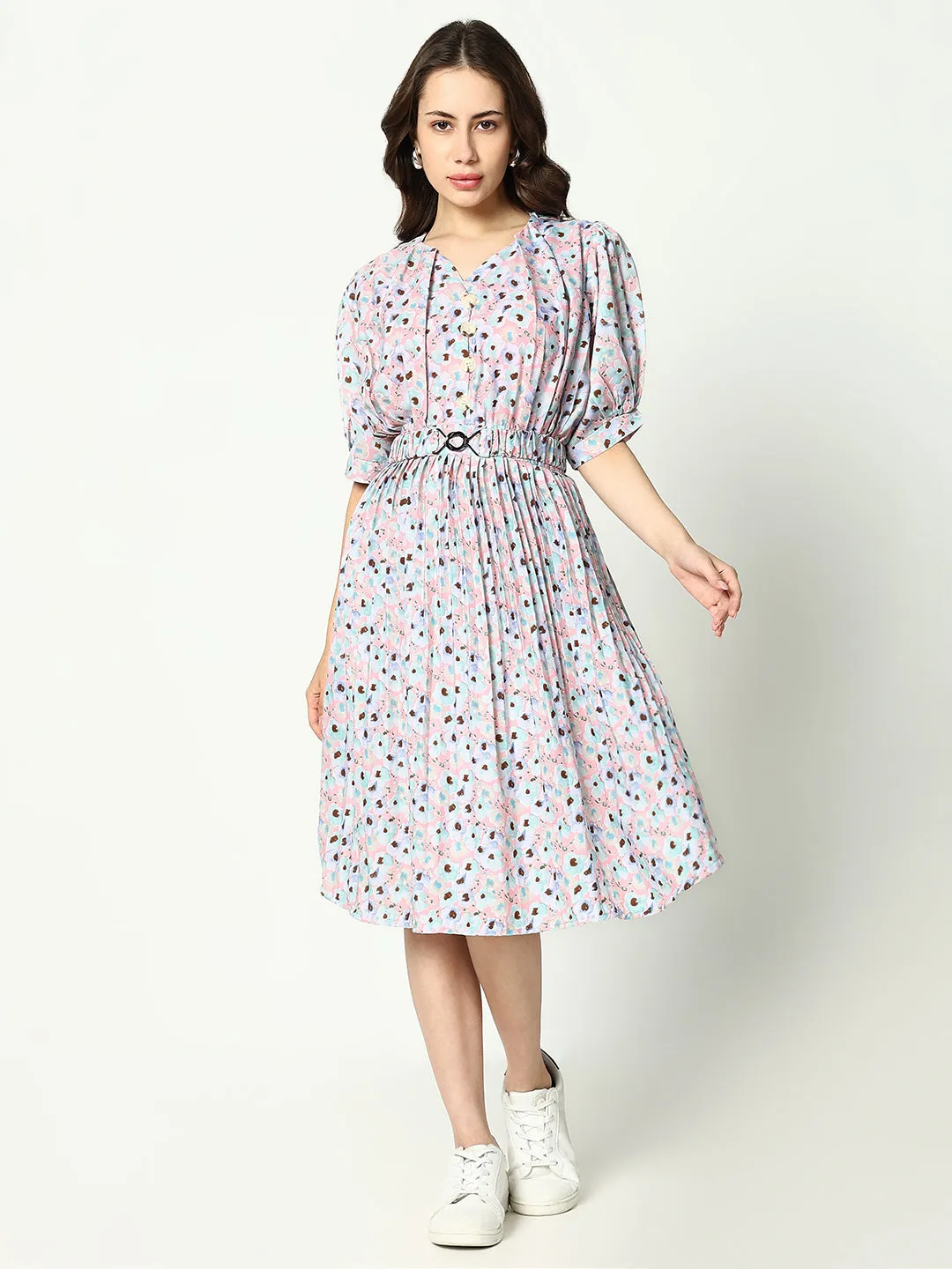 Women's Pink Floral Print Puff Sleeve Fit and Flare Dress Vibrant color dress Clean Base