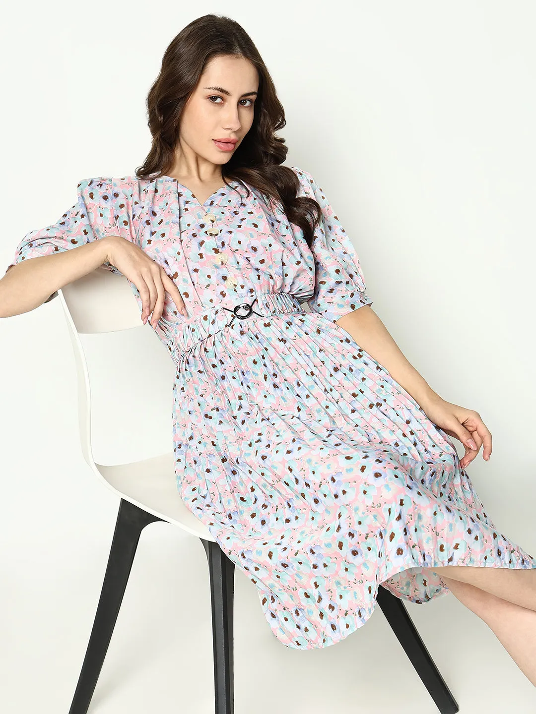 Refined fit Women's Pink Floral Print Puff Sleeve Fit and Flare Dress
