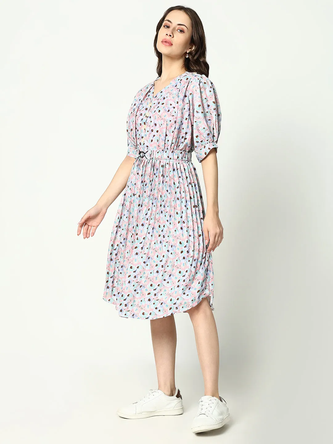 Front Ruffle Artistic Vibe Women's Pink Floral Print Puff Sleeve Fit and Flare Dress