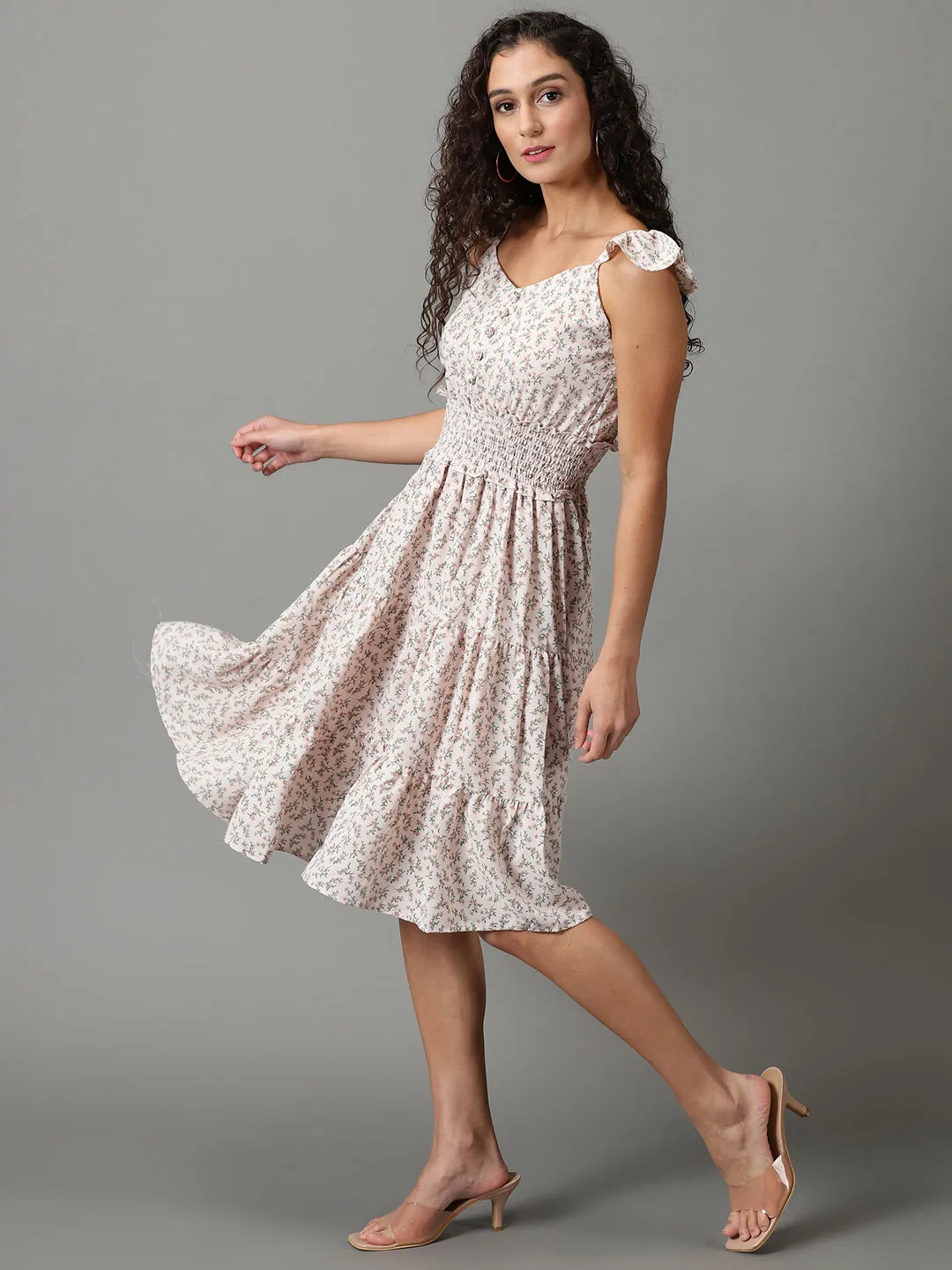 Women's Pink Floral Printed Smocked Tiered Fit & Flare Dress Effortless Touch Shimmer-Finish