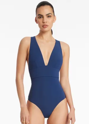 Jetset Plunge Tie Back One Piece - Pacific Blue Double Layered Stitching Wave Defying Clasp