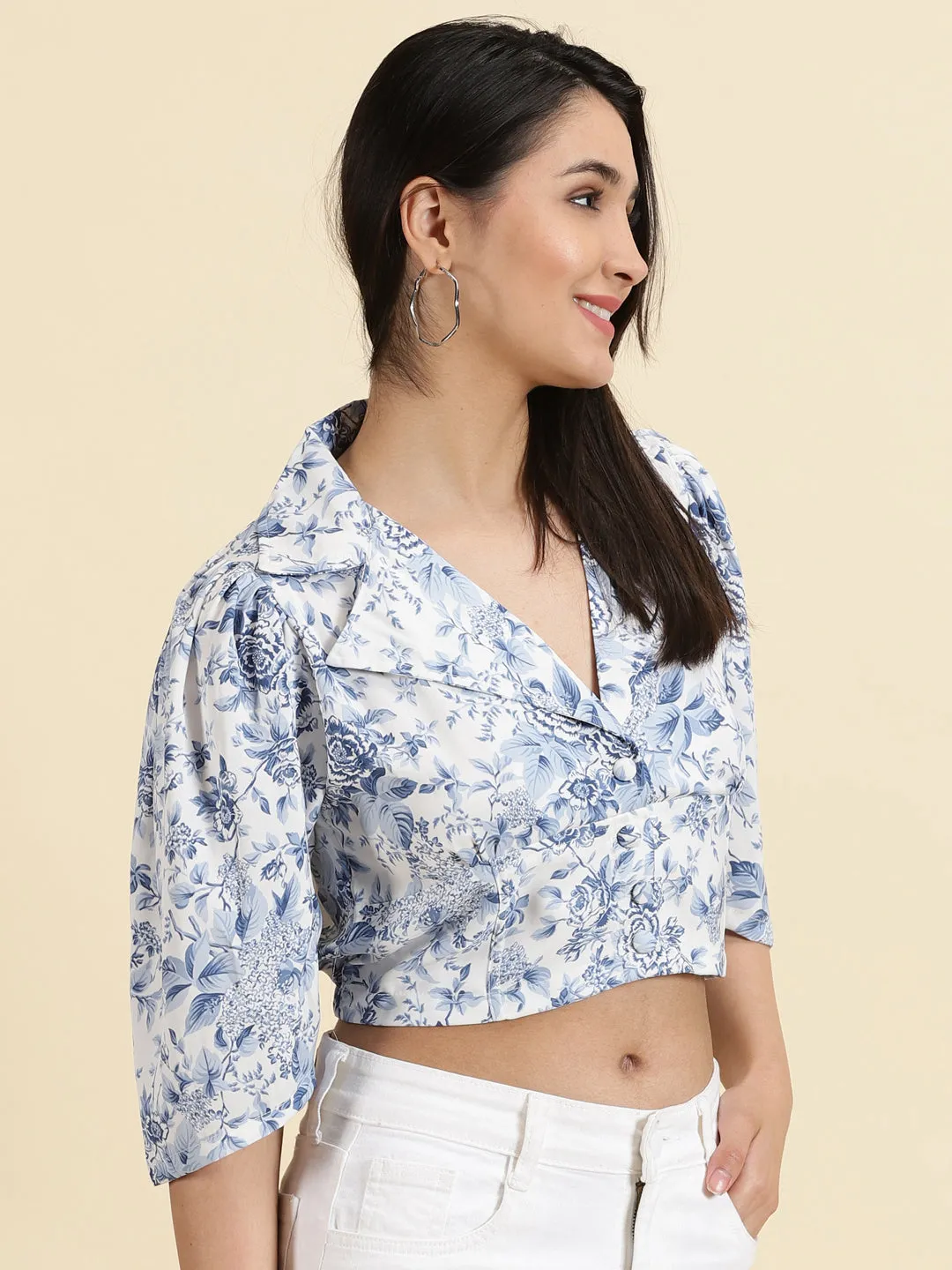 Comfy Design Wear Minimalist Comfort Women's White Floral Print Crepe Shirt Style Crop Top