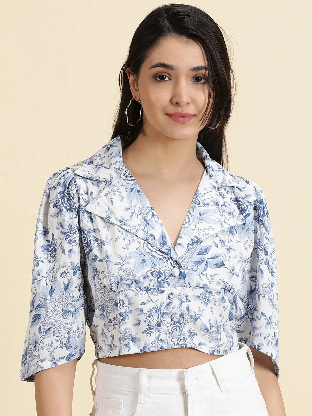 Women's White Floral Print Crepe Shirt Style Crop Top Quick Layer
