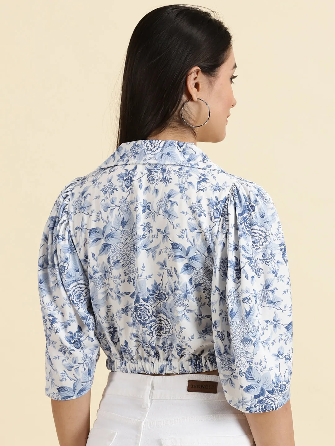 Comfy Essentials Wear Women's White Floral Print Crepe Shirt Style Crop Top