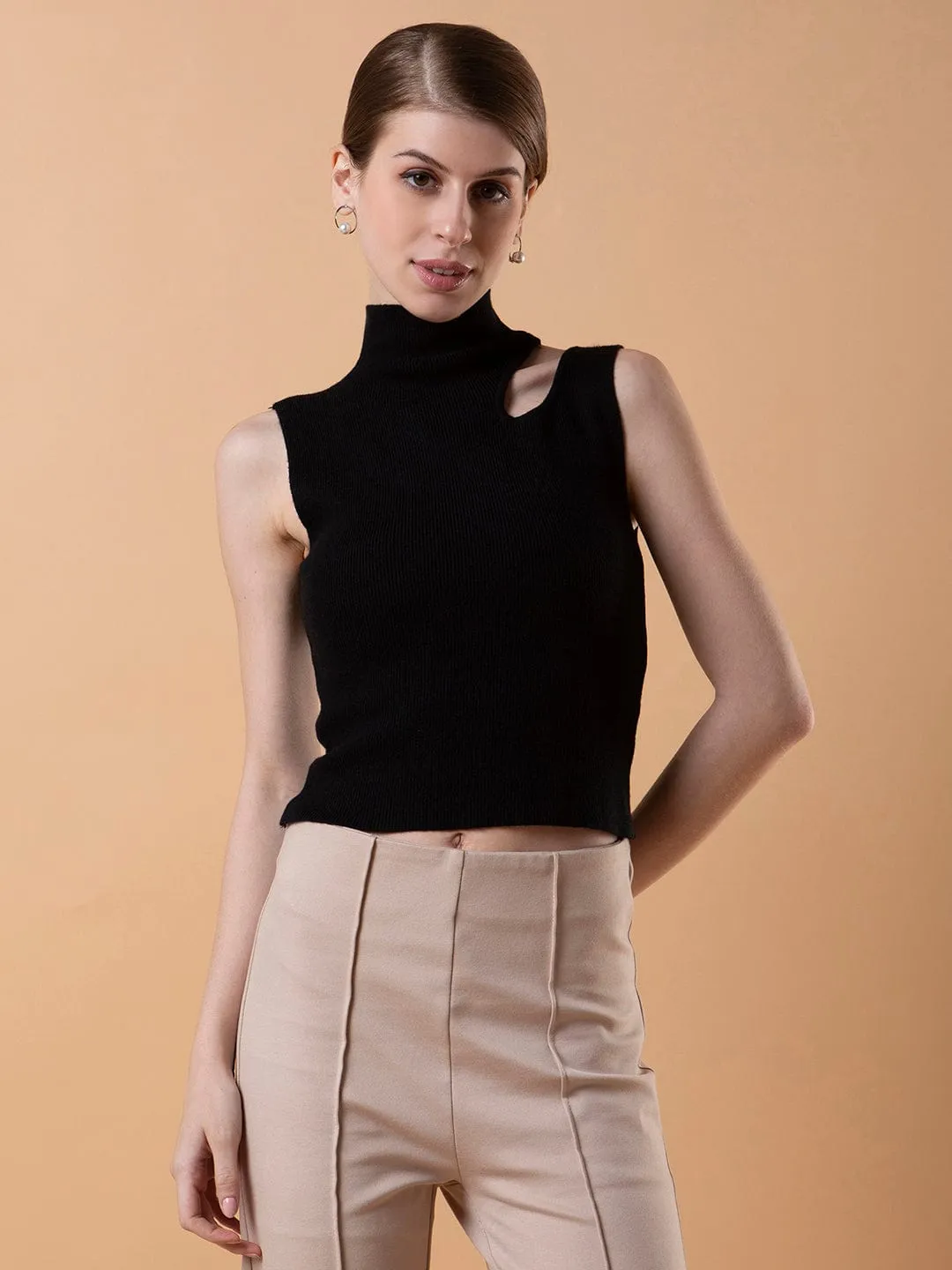 Women's Black Solid High Neck Acrylic Top Breathable mesh Durable Stitching