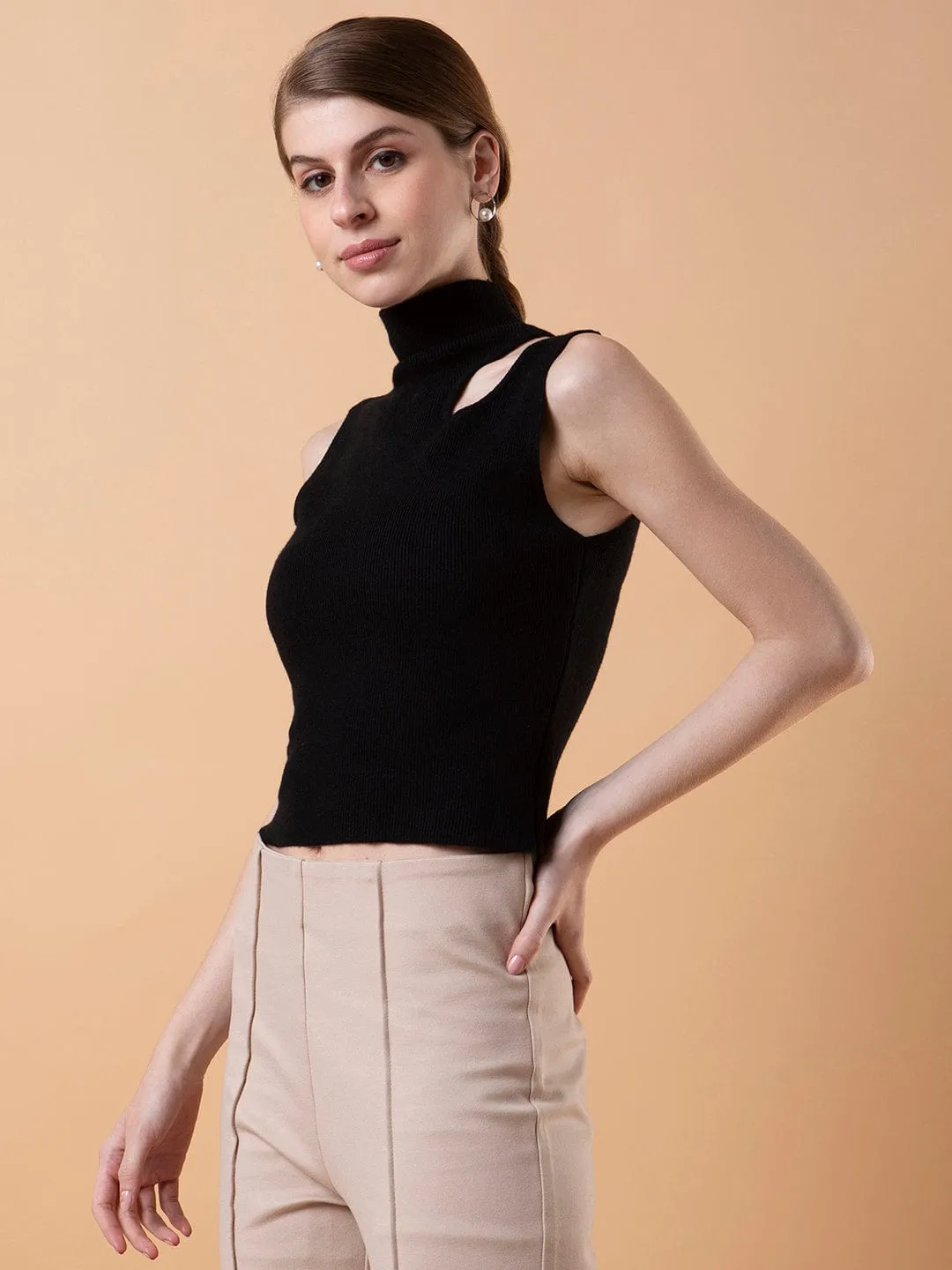 Women's Black Solid High Neck Acrylic Top QuickDry