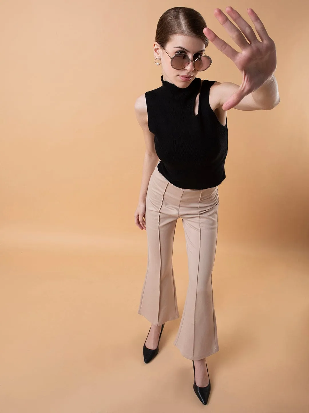 Women's Black Solid High Neck Acrylic Top Odor Resistant Material Easy Wear Style