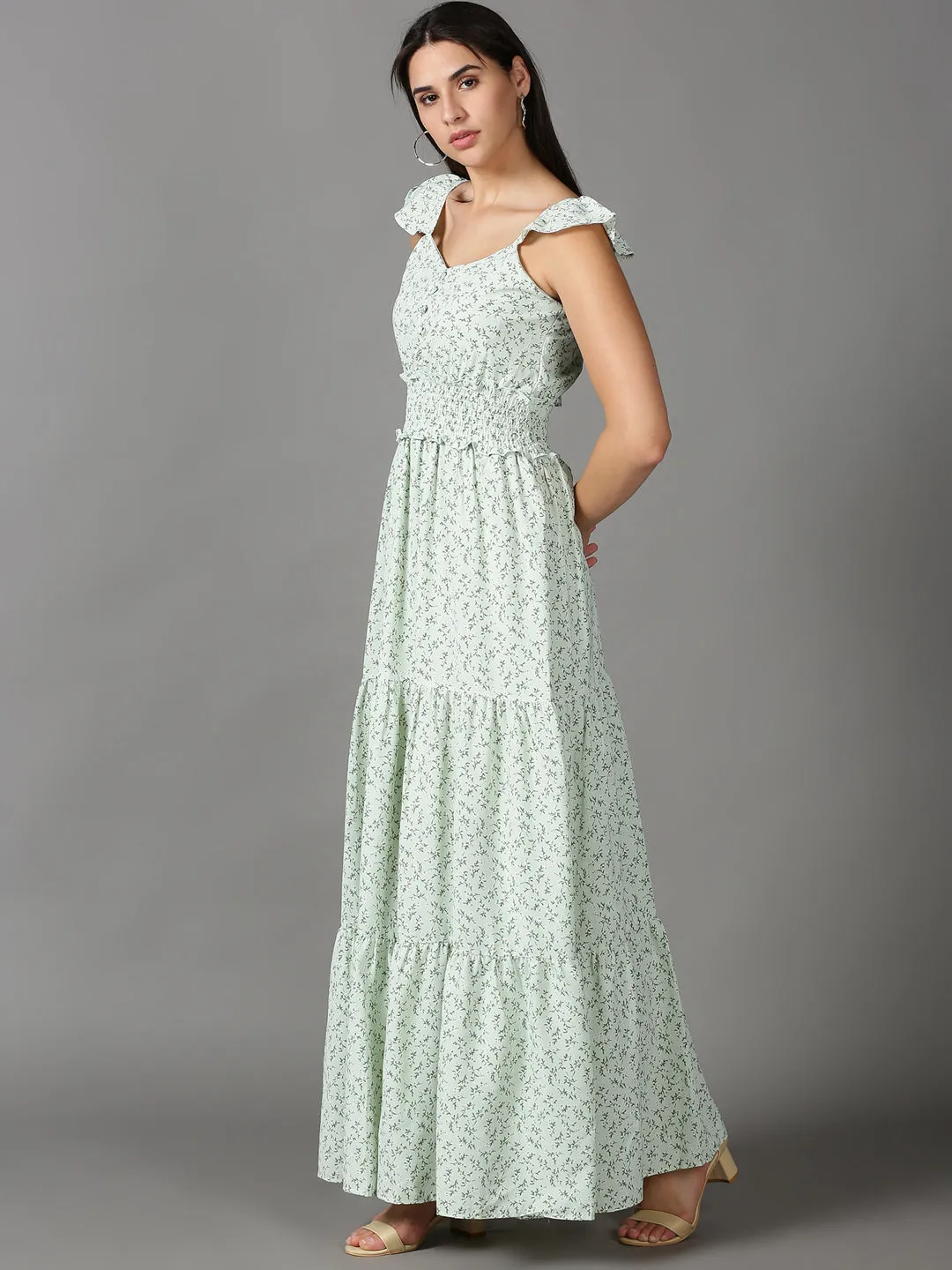 Fitted Look Street Casual Women's Green Floral Printed Fit & Flare Dress