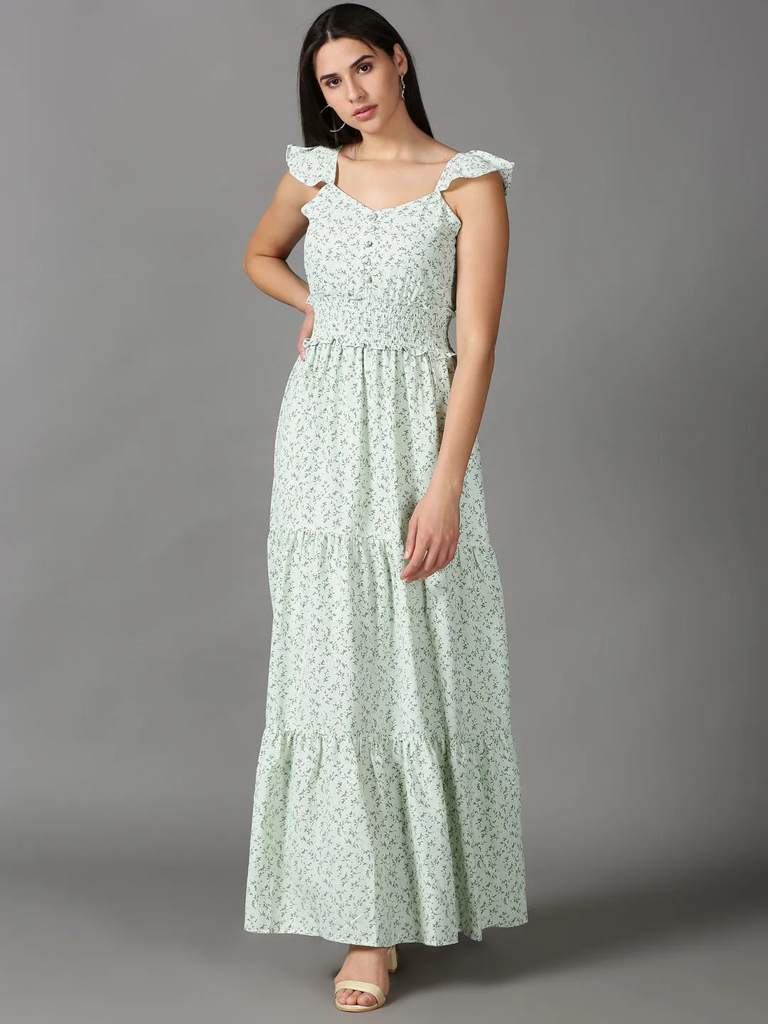 Family Glow Gloss Accent Women's Green Floral Printed Fit & Flare Dress