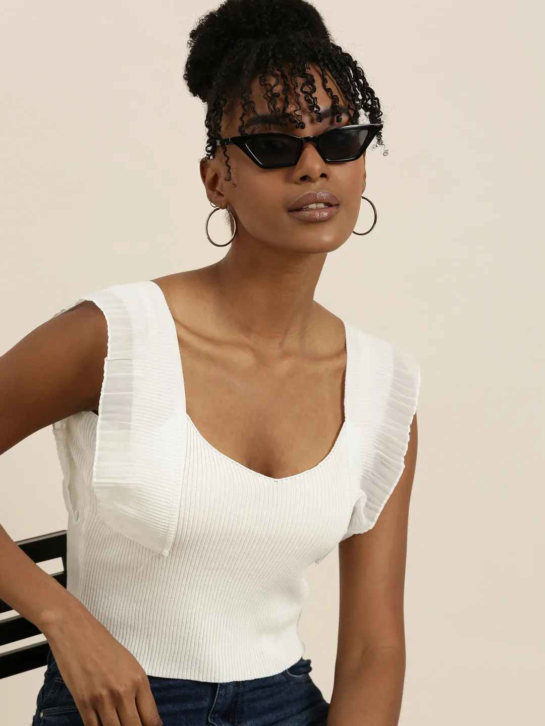 Comfy Top Women's White Scoop Neck Flutter Sleeves Crop Top
