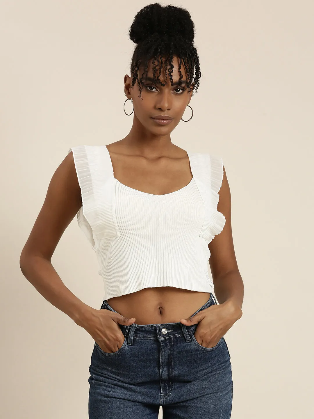 Light and Breathable Women's White Scoop Neck Flutter Sleeves Crop Top