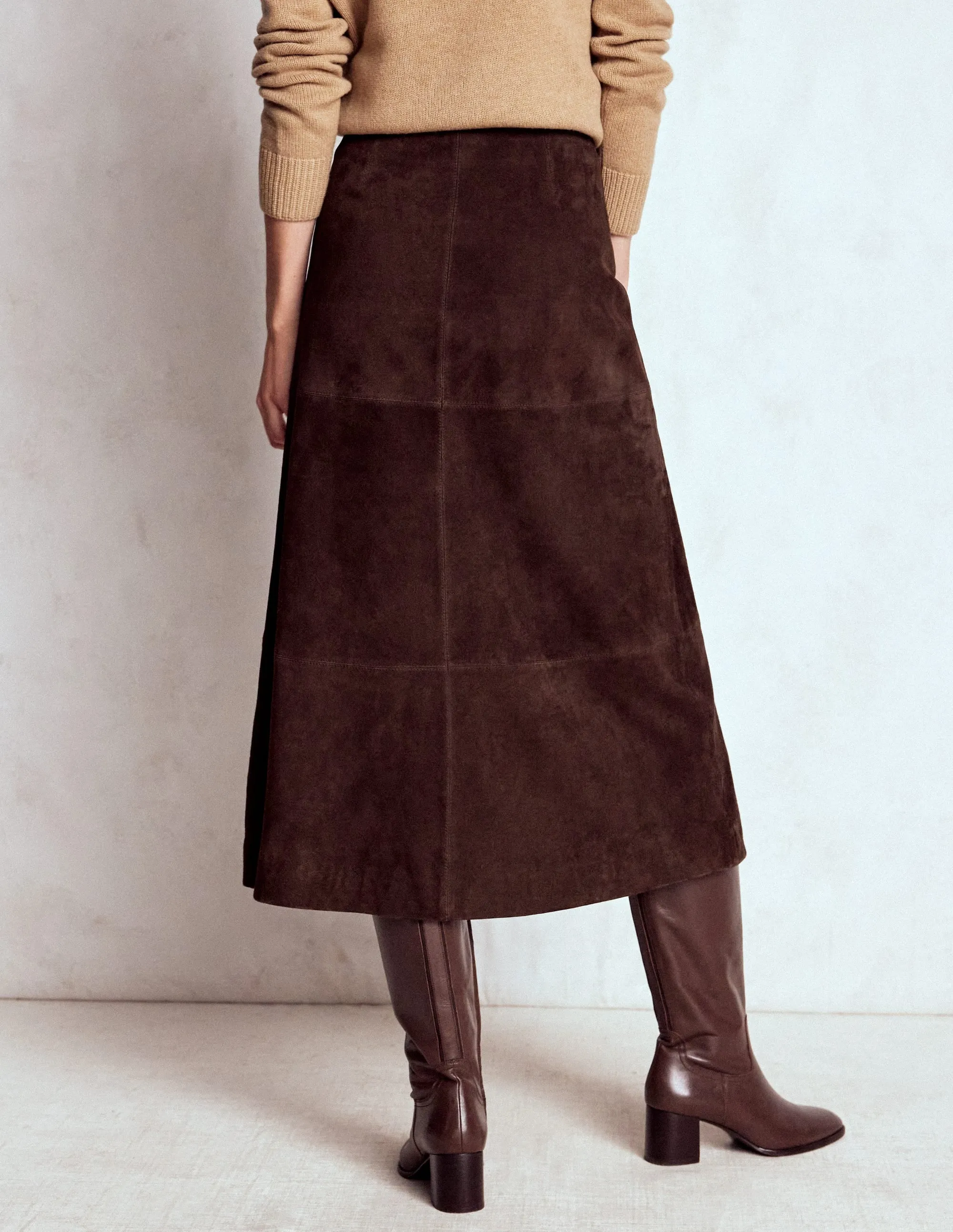 Local Artisan Bold Look Suede Midi Skirt-Dark Chocolate