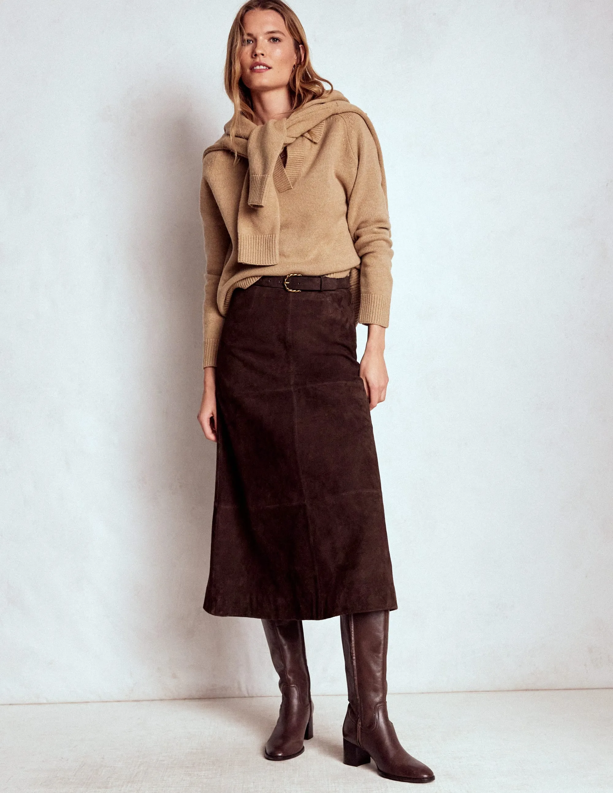 Suede Midi Skirt-Dark Chocolate Denim style Ethically Made