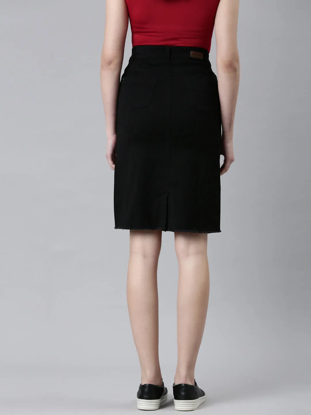 Women's Black Denim Above Knee-Length Pencil Skirt Contemporary Mood