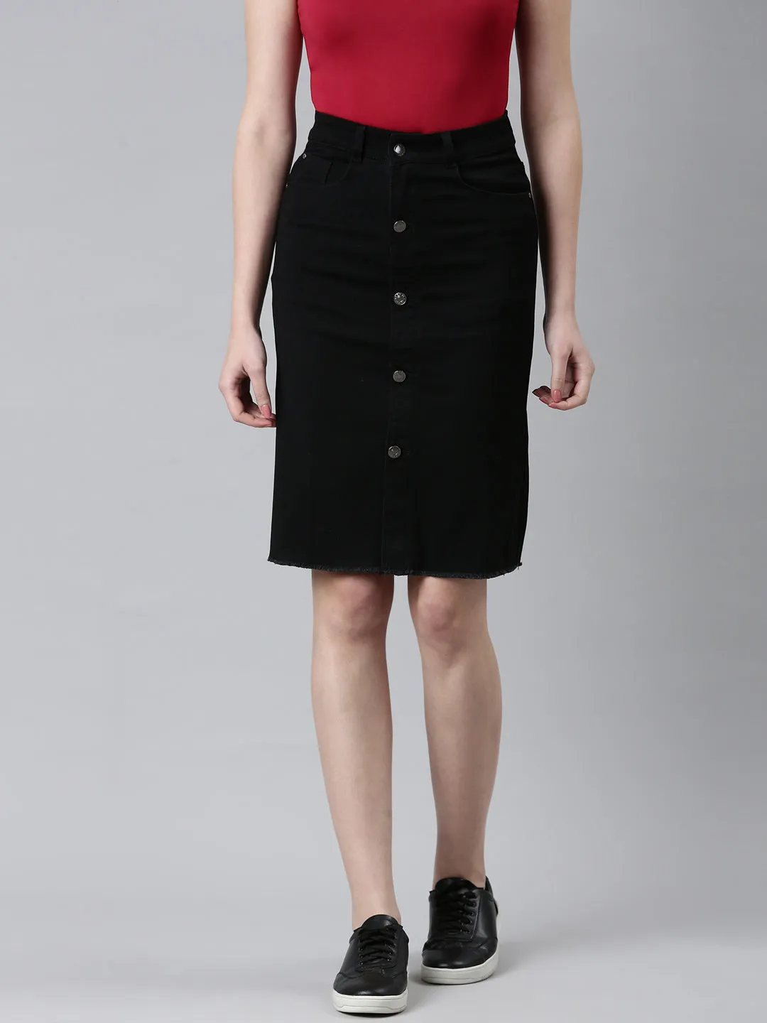 Neat Mood Women's Black Denim Above Knee-Length Pencil Skirt