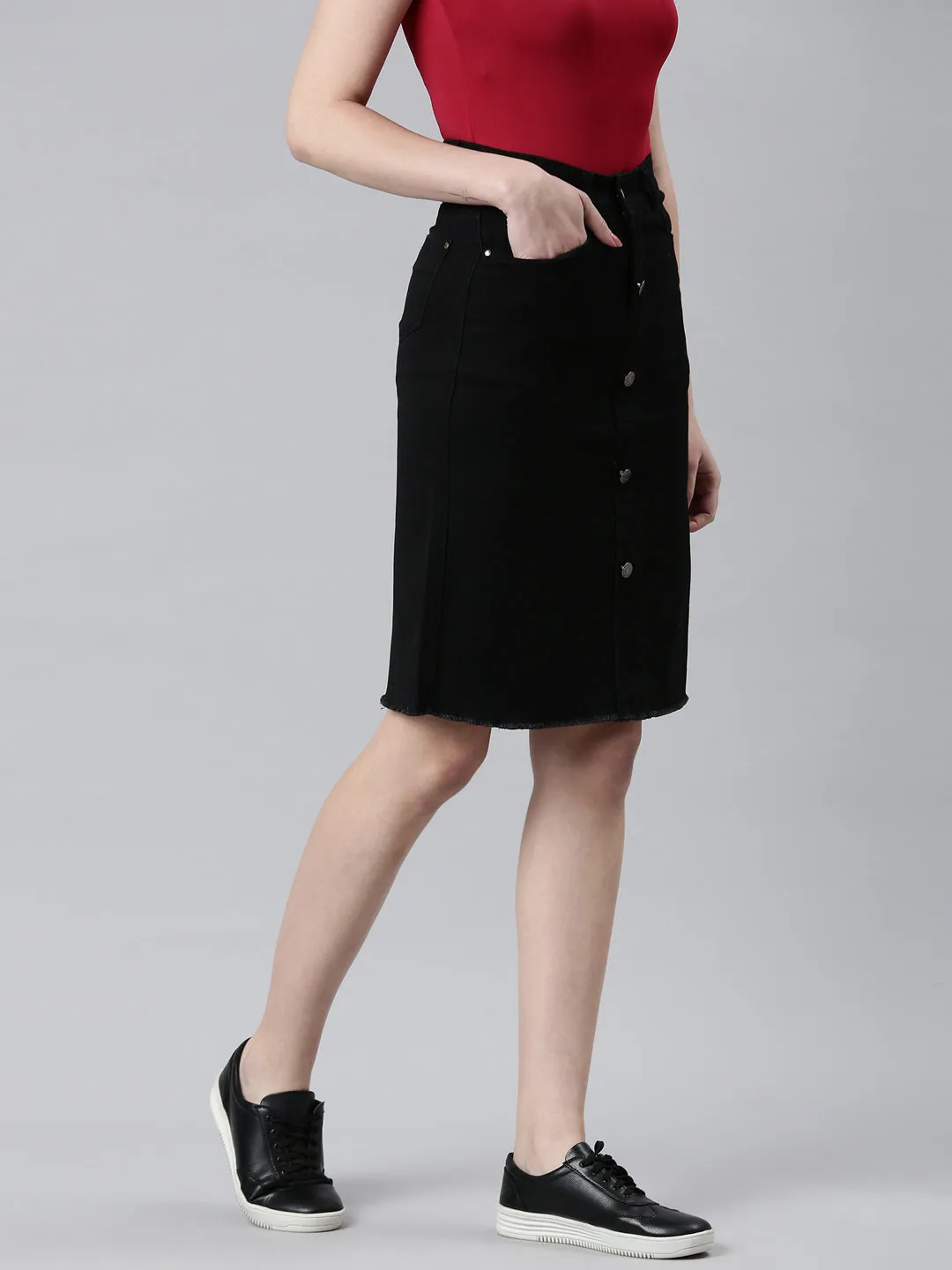 Women's Black Denim Above Knee-Length Pencil Skirt Seasonal Must Have Adjustable Hem