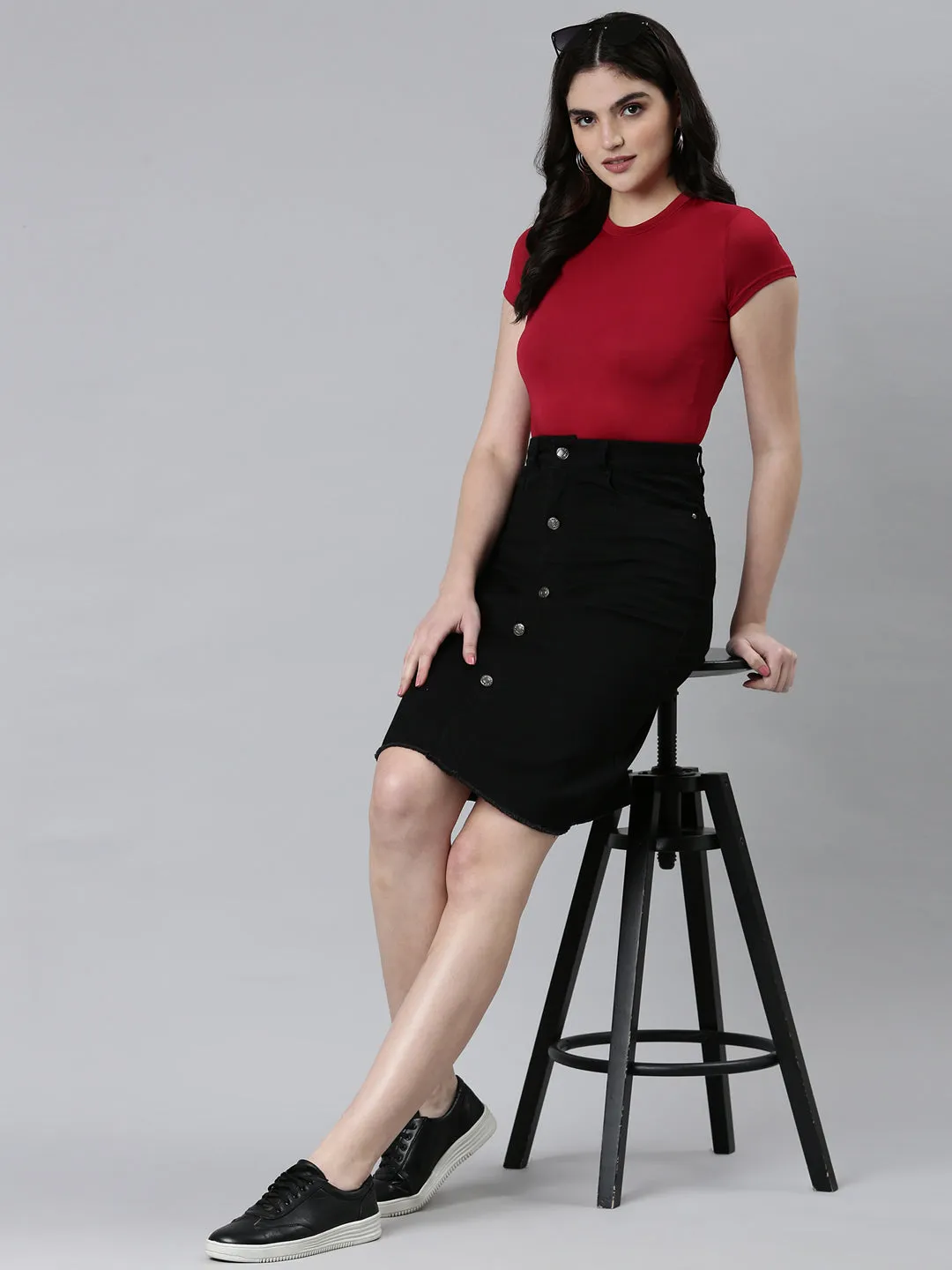 Exclusive Drop Women's Black Denim Above Knee-Length Pencil Skirt