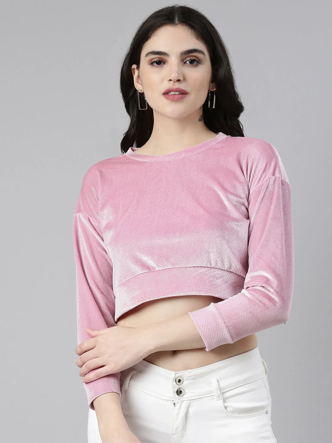 Smart Fashion Women's Pink Round Neck Drop shoulder Sleeves Velvet Crop Top