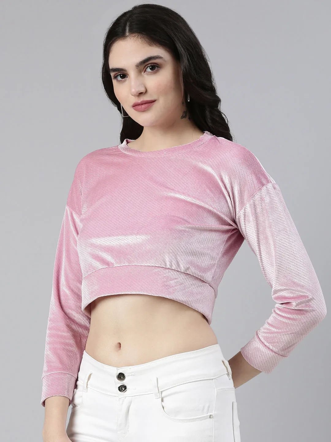 Seasonal Fashion Women's Pink Round Neck Drop shoulder Sleeves Velvet Crop Top