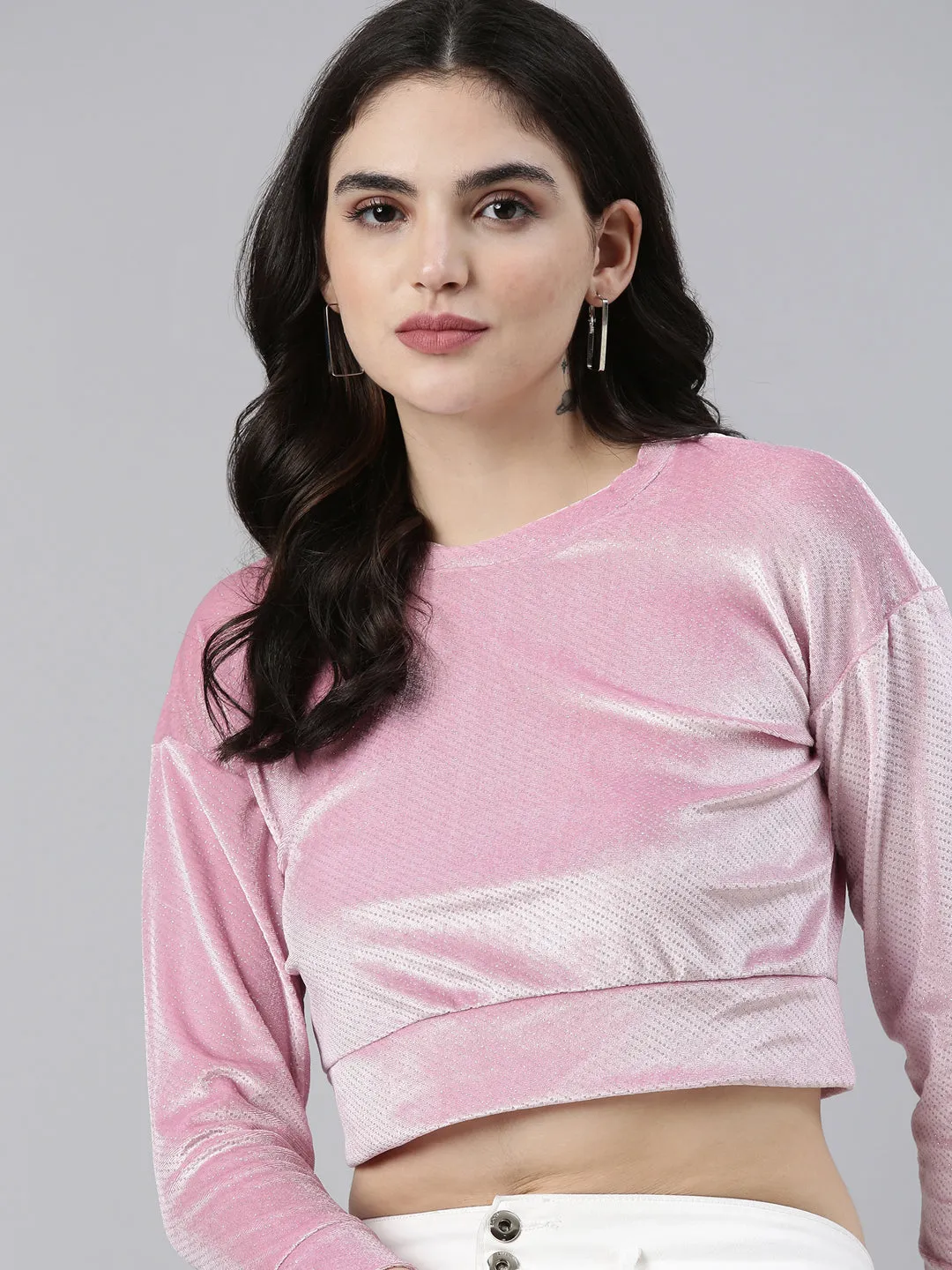 Women's Pink Round Neck Drop shoulder Sleeves Velvet Crop Top Modern Twist