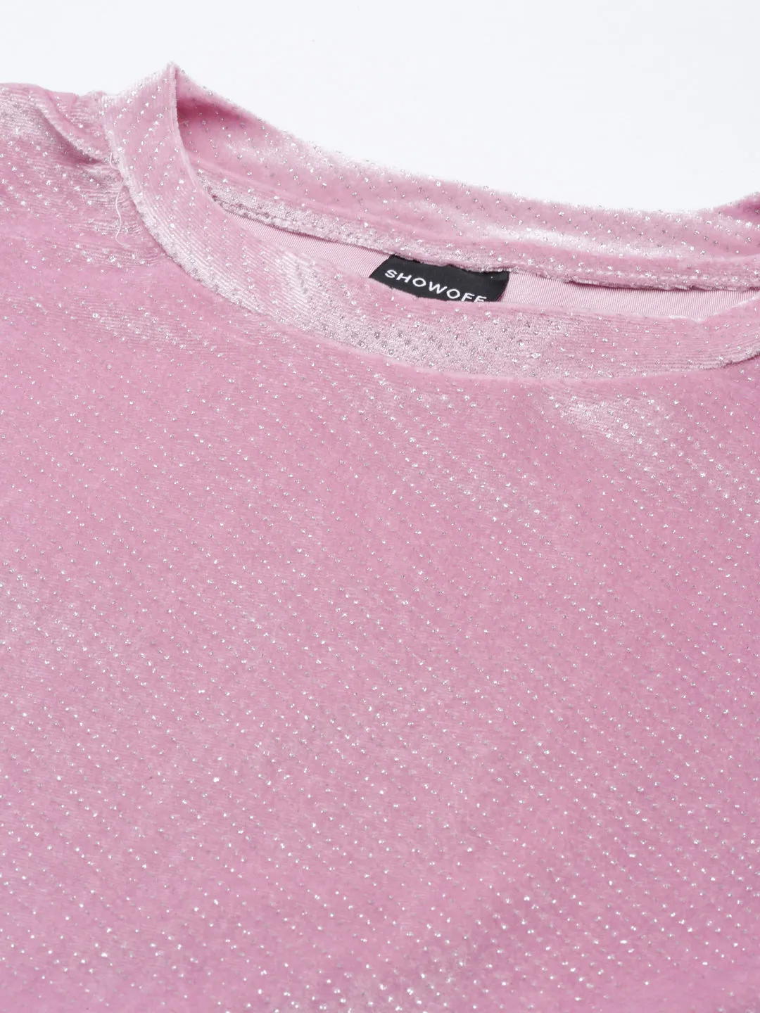 Women's Pink Round Neck Drop shoulder Sleeves Velvet Crop Top Easy Fit Wear