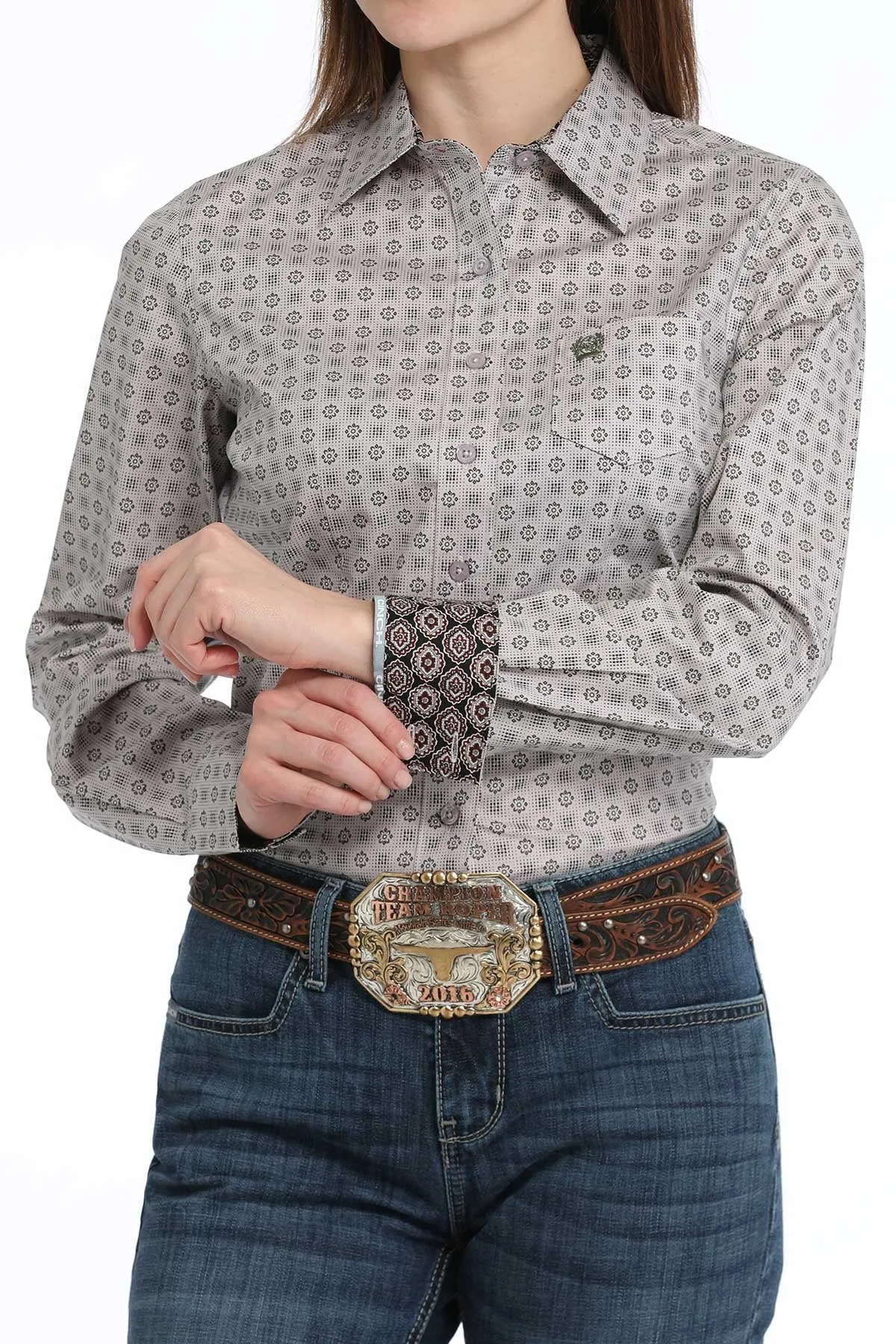 Cinch Women's L/S Floral Geometric Western Button Down Shirt in Lilac Comfy and Versatile EnhancedDurabilityFinish