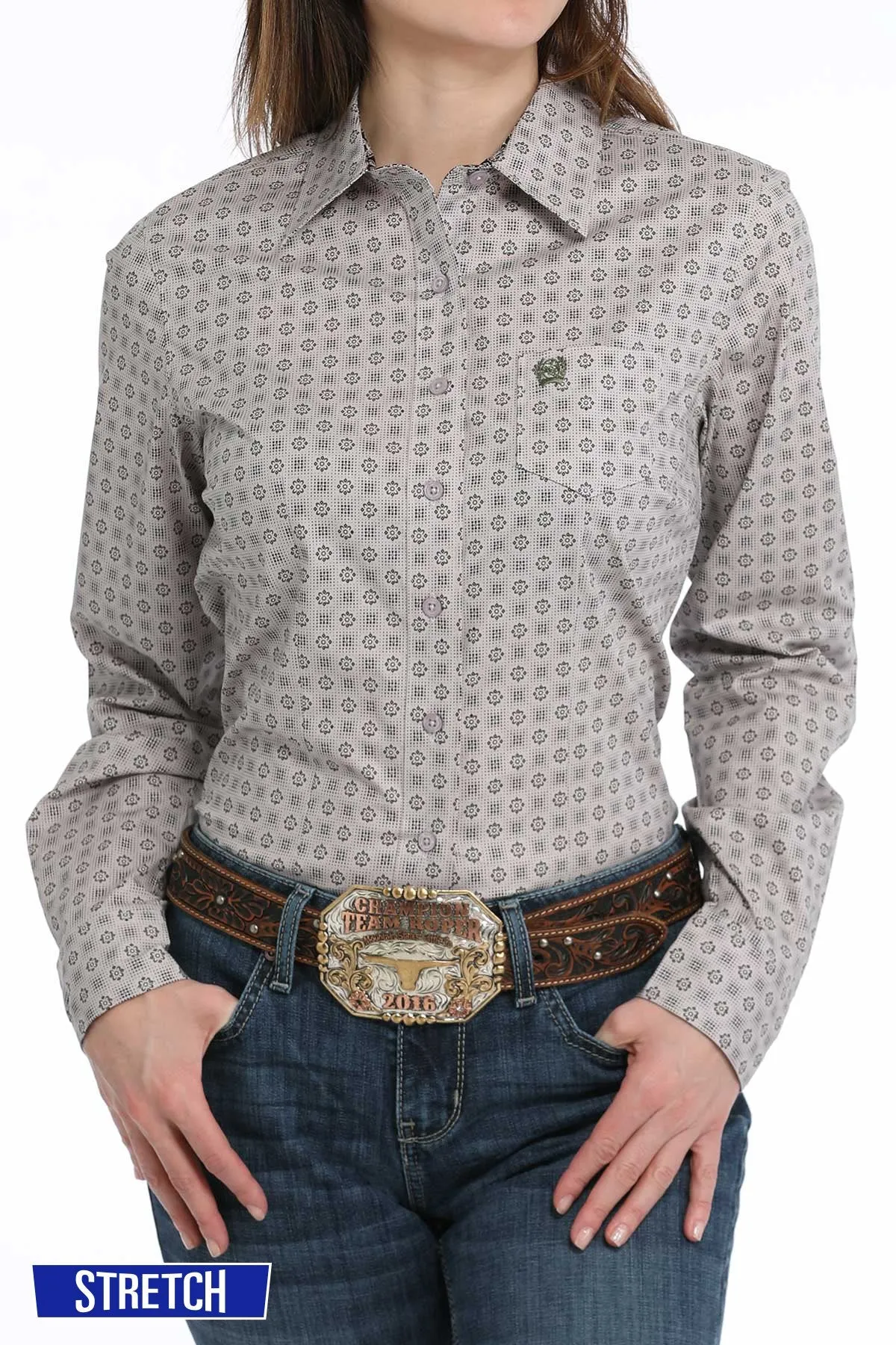 Cinch Women's L/S Floral Geometric Western Button Down Shirt in Lilac Stretch Waist Versatile Comfort